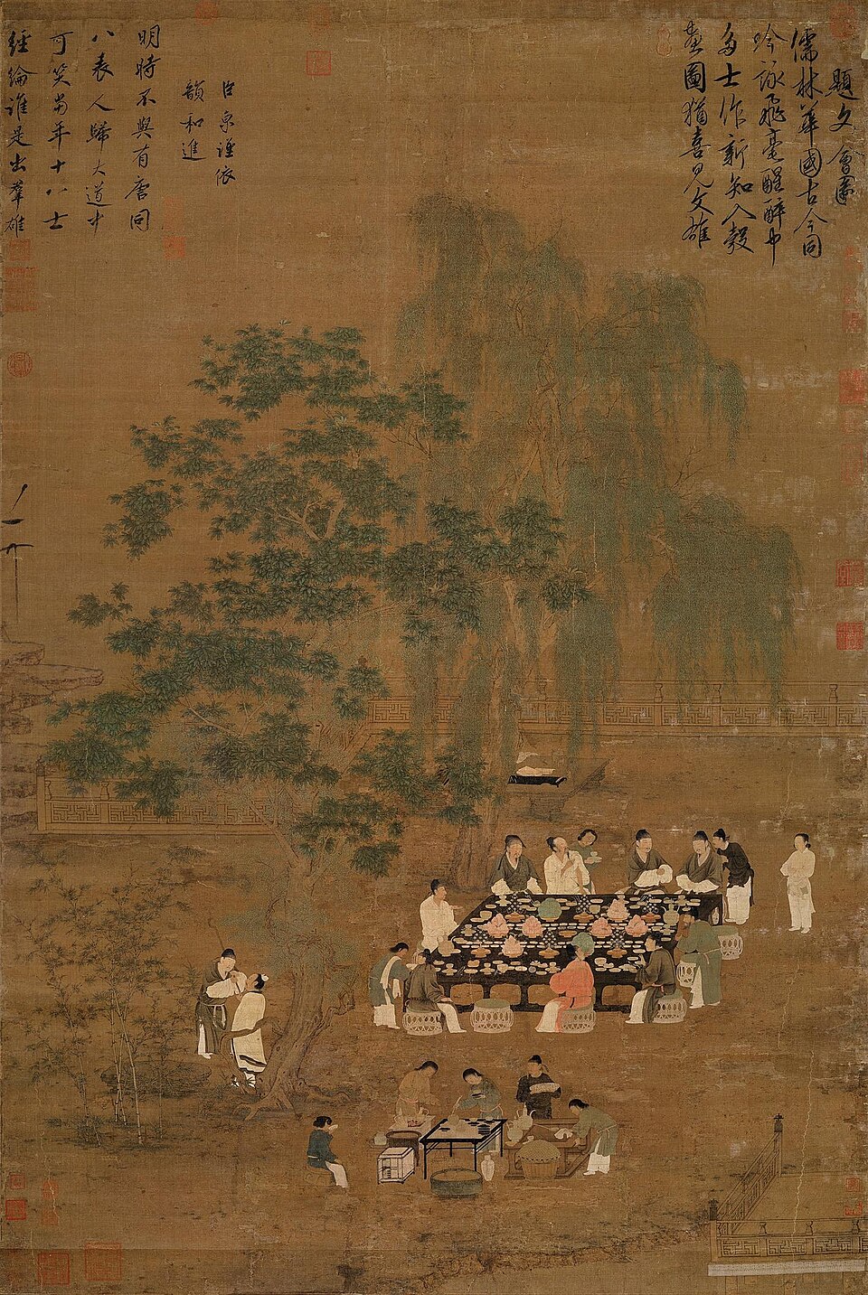 A Song painting showing people gathered in an elegant courtyard setting, evoking the social atmosphere later associated with stove-boiled tea